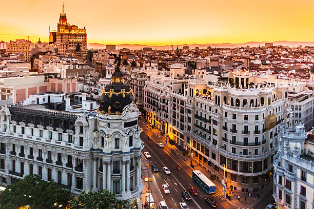 Panoramic aerial view of Gran Via, main shopping street in Madrid, capital of Spain, Europe.Panoramic aerial view of Gran Via, main shopping street in Madrid, capital of Spain, Europe.